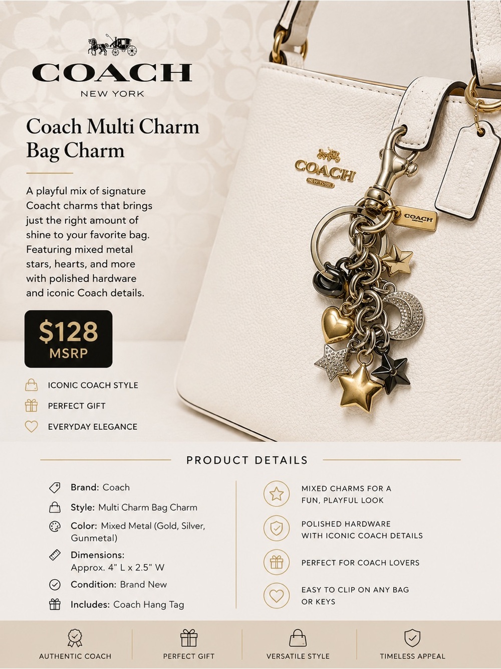 Coach Mixed Metal Star & Heart Charm Keyring in Gold, Silver, Gunmetal